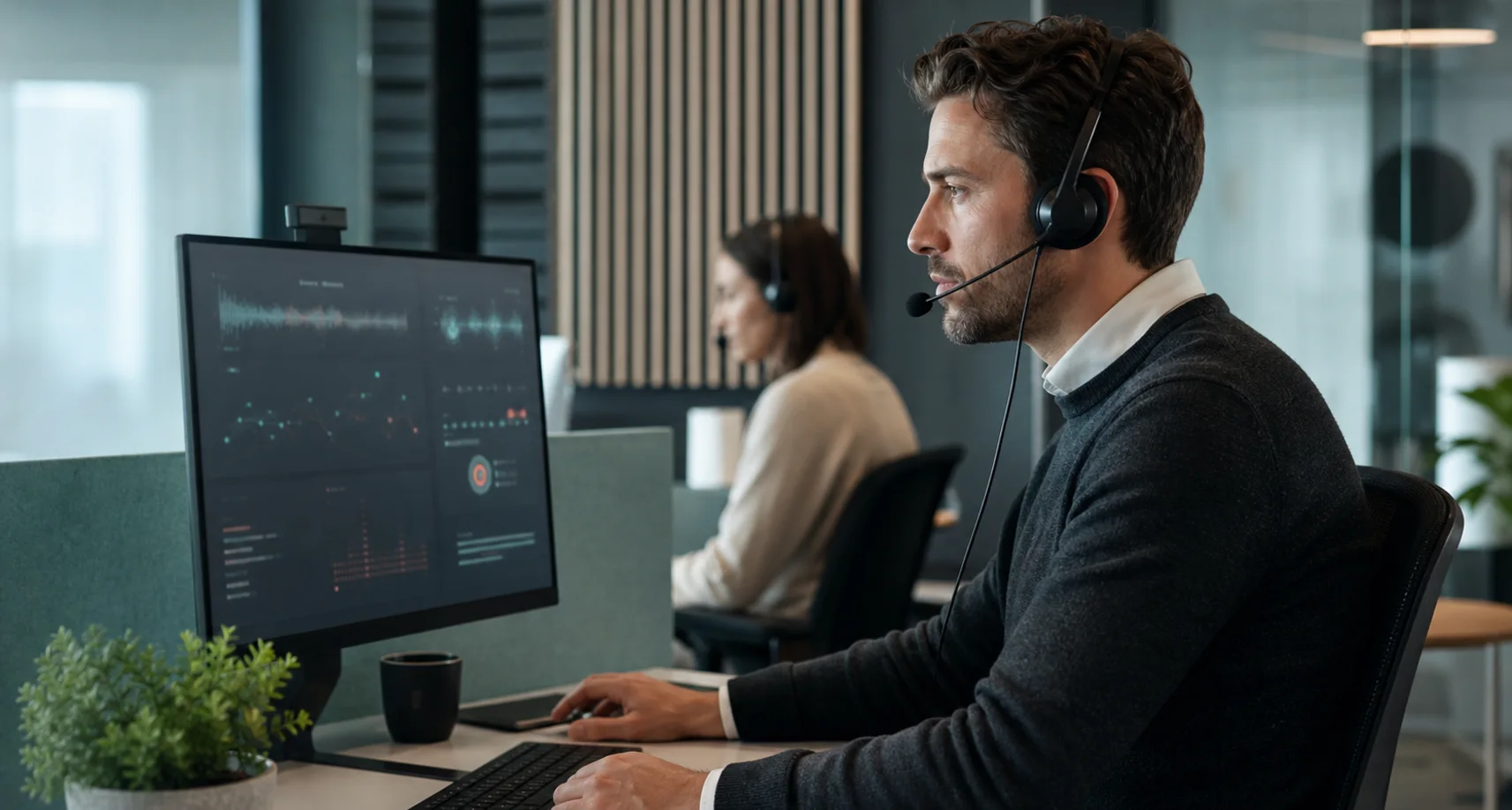 Konsultant Contact Center analizujący rozmowę sprzedażową przy wsparciu systemu AI