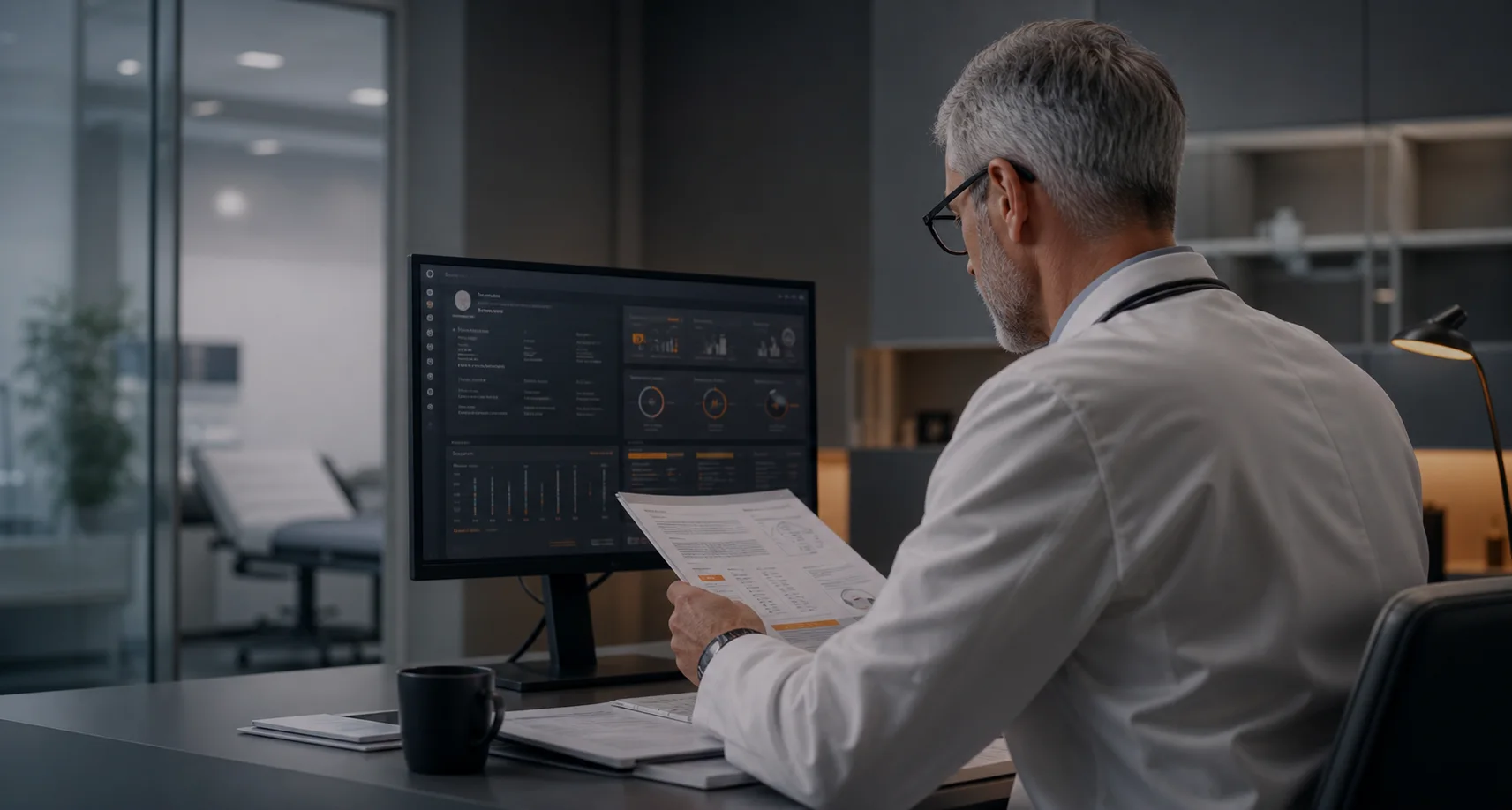 Doctor reviewing medical documents and data on a screen in a modern clinical office