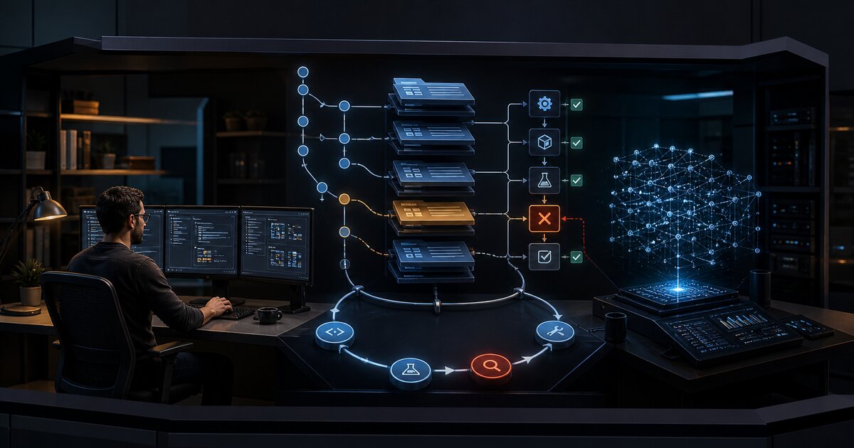 A software engineer and an AI agent collaborate through code, tests and a feedback loop