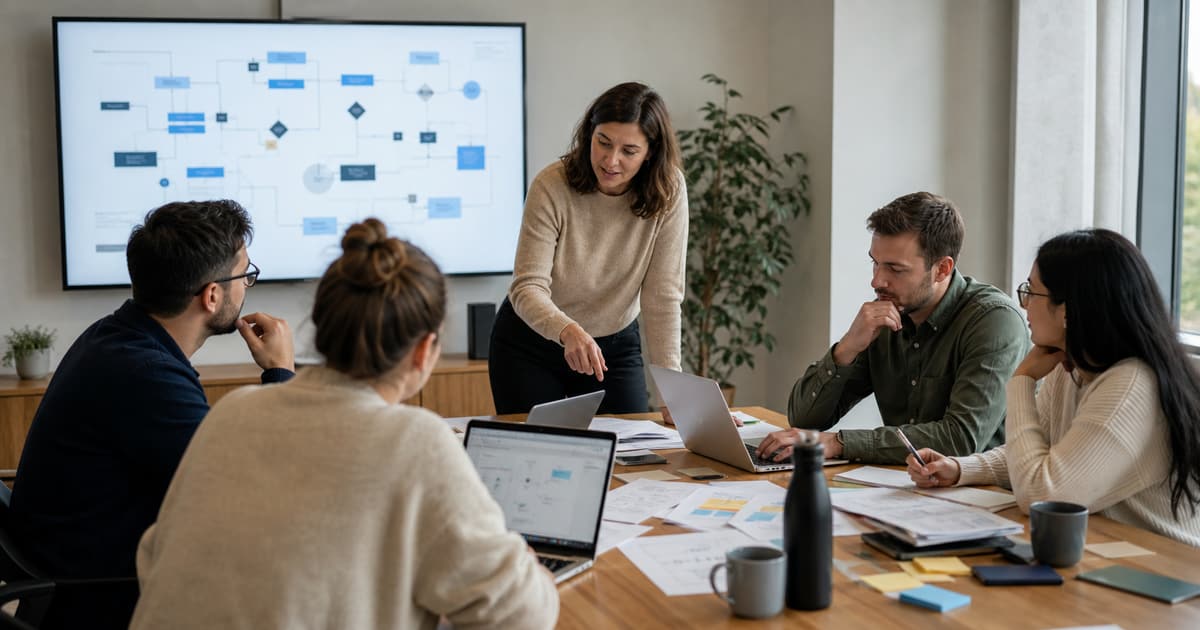 A company team works around a table during a practical AI workshop