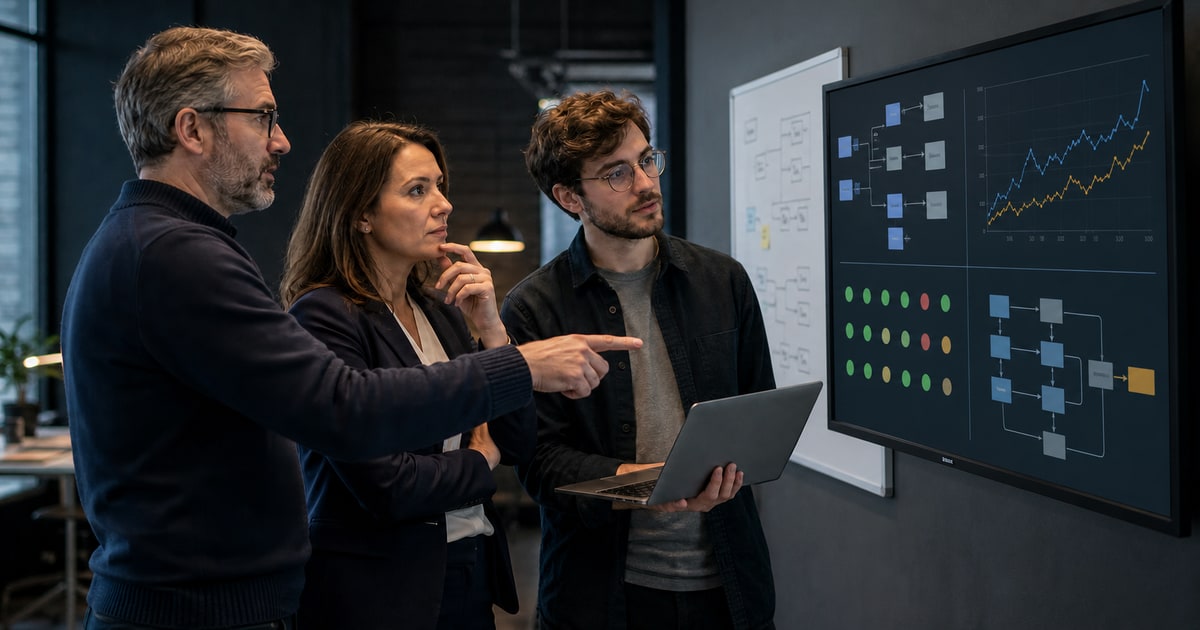 Three people review processes, data and project status on a screen before AI transformation