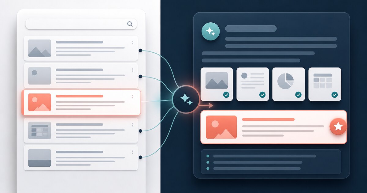 A comparison of ranked search results and a company recommendation in an AI answer