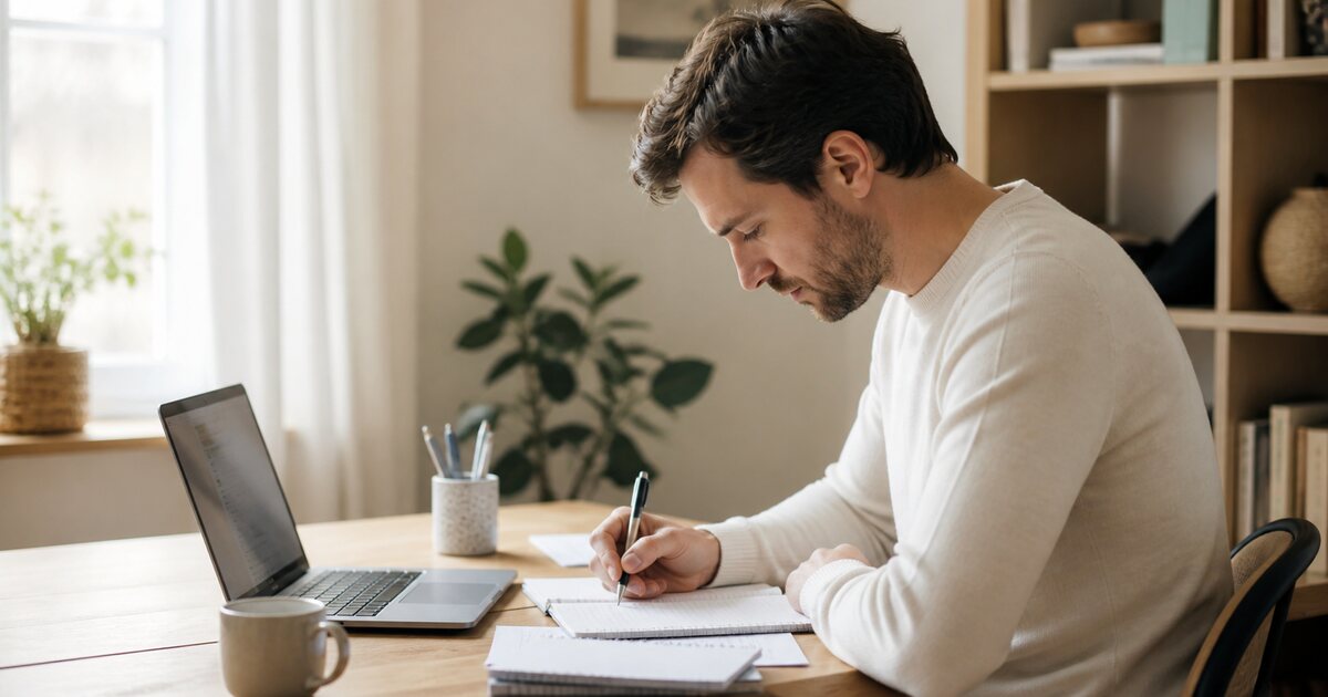 An author in a light sweater writes an article at a desk
